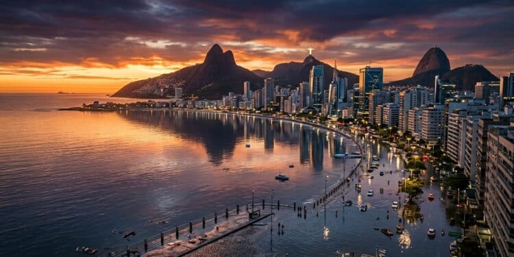 Cidade litorânea inspirada no Rio de Janeiro aparece alagada ao entardecer, com prédios, mar, montanhas e vias tomadas pela água.