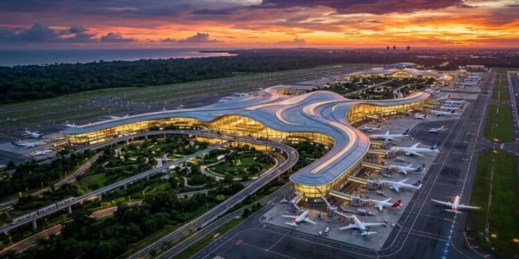 Vista aérea de um aeroporto moderno ao entardecer, com terminal iluminado em formato curvo, aviões estacionados, pistas extensas e floresta ao redor.