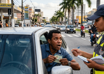 Motorista apresenta documento a agente de trânsito durante fiscalização em avenida movimentada.