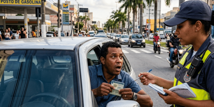 Motorista apresenta documento a agente de trânsito durante fiscalização em avenida movimentada.