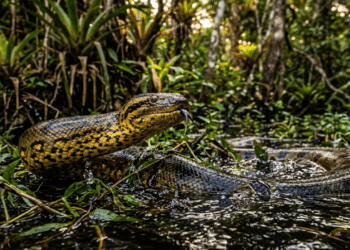 A sucuri amarela da Amazônia que virou foco de estudos depois de apresentar diferenças marcantes de tamanho e adaptação de habitat em relação à espécie verde