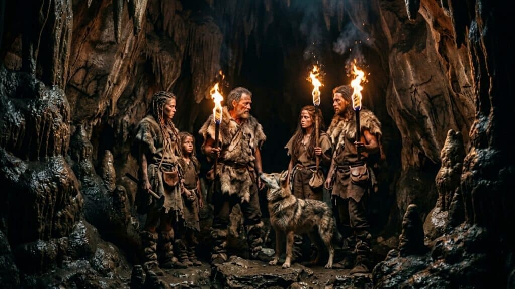 Grupo de humanos pré-históricos segura tochas dentro de uma caverna, acompanhado por um cão em meio a formações rochosas.