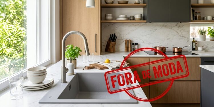 Cozinha moderna com pia sobre bancada clara aparece com carimbo vermelho com a frase “Fora de moda”.