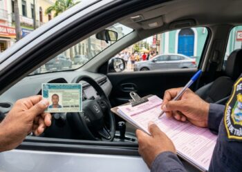 Agente de trânsito preenche uma multa enquanto motorista entrega documento pela janela de um carro em rua urbana.
