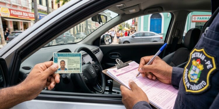 Agente de trânsito preenche uma multa enquanto motorista entrega documento pela janela de um carro em rua urbana.