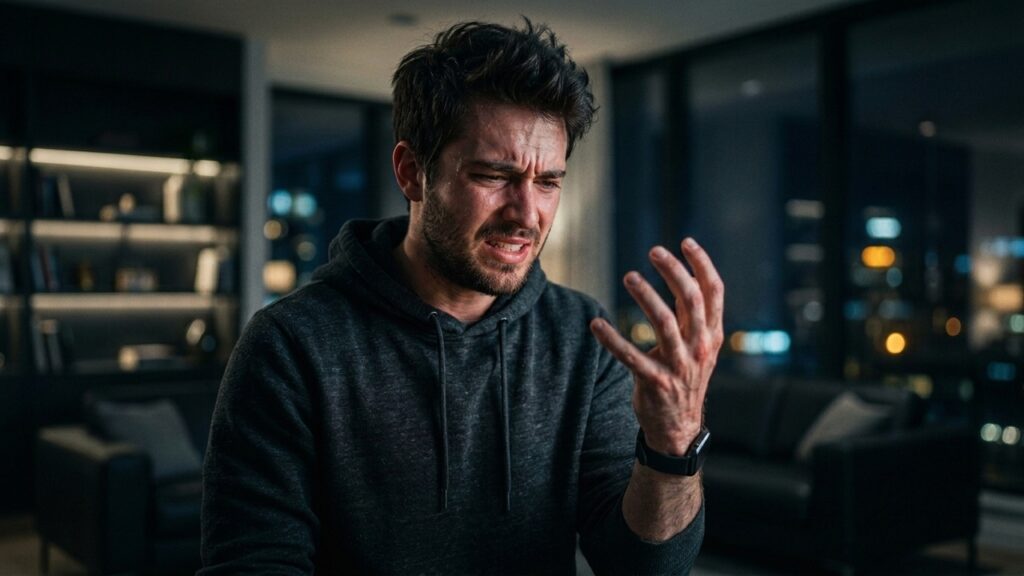 Homem em ambiente interno observa a própria mão com expressão de dor ou preocupação, em cena associada a desconforto, formigamento ou lesão.