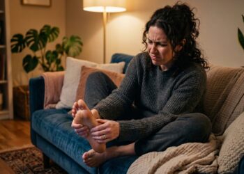 Mulher sentada no sofá massageia o pé com expressão de dor, em ambiente doméstico aconchegante.