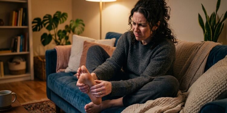 Mulher sentada no sofá massageia o pé com expressão de dor, em ambiente doméstico aconchegante.