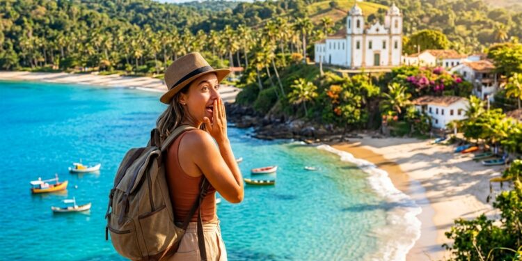 Turista observa praia de águas cristalinas no Nordeste, com barcos, vegetação tropical e igreja histórica ao fundo.