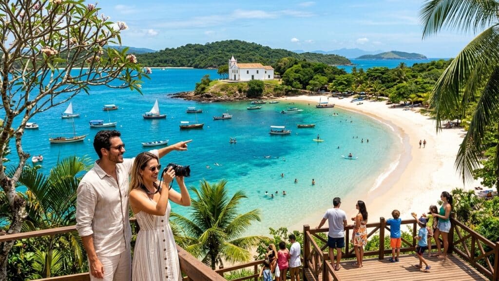 Turistas observam praia de águas cristalinas no Nordeste, com barcos, vegetação tropical e igreja histórica ao fundo.