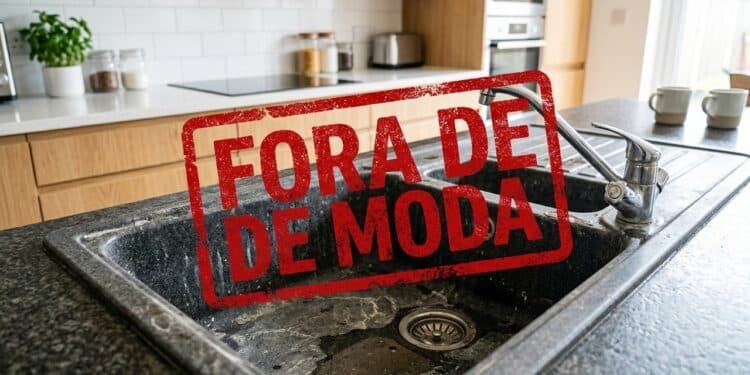 Pia de cozinha escura com marcas de uso aparece com carimbo vermelho com a frase “Fora de moda”.