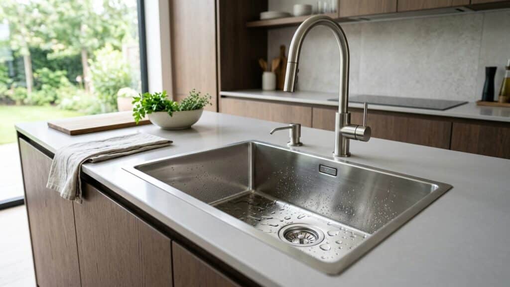 Pia moderna de aço inox em cozinha clara, com torneira alta, bancada limpa, armários de madeira e jardim ao fundo.