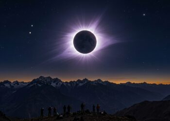 Eclipse solar total sobre montanhas, com halo luminoso ao redor da Lua, céu estrelado e pessoas observando com telescópios.