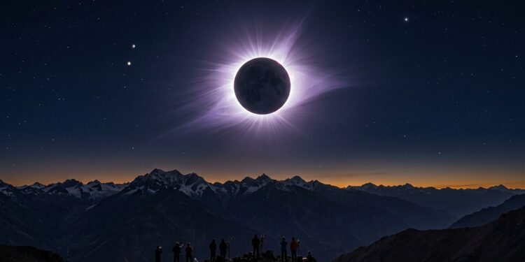 Eclipse solar total sobre montanhas, com halo luminoso ao redor da Lua, céu estrelado e pessoas observando com telescópios.