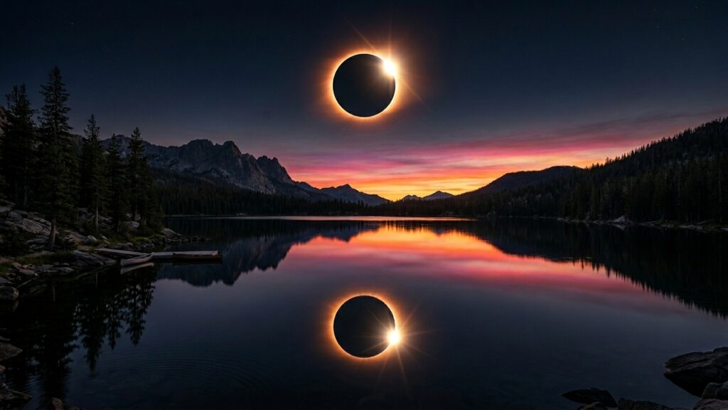Eclipse solar aparece no céu e refletido em lago tranquilo, com montanhas, floresta e pôr do sol colorido ao fundo.