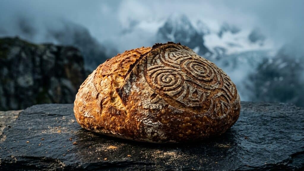 Pão artesanal de fermentação natural com casca crocante e desenhos marcados, sobre pedra escura, com montanhas nevadas ao fundo.