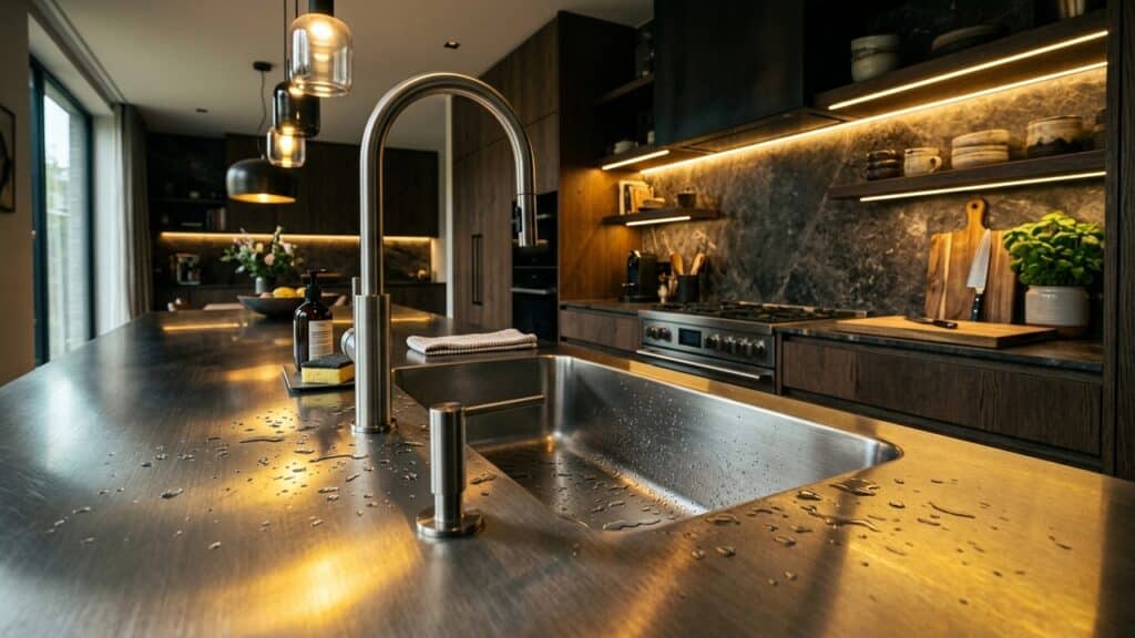 Pia e bancada de aço inox em cozinha moderna, com torneira alta, gotas de água, iluminação quente e armários escuros ao fundo.
