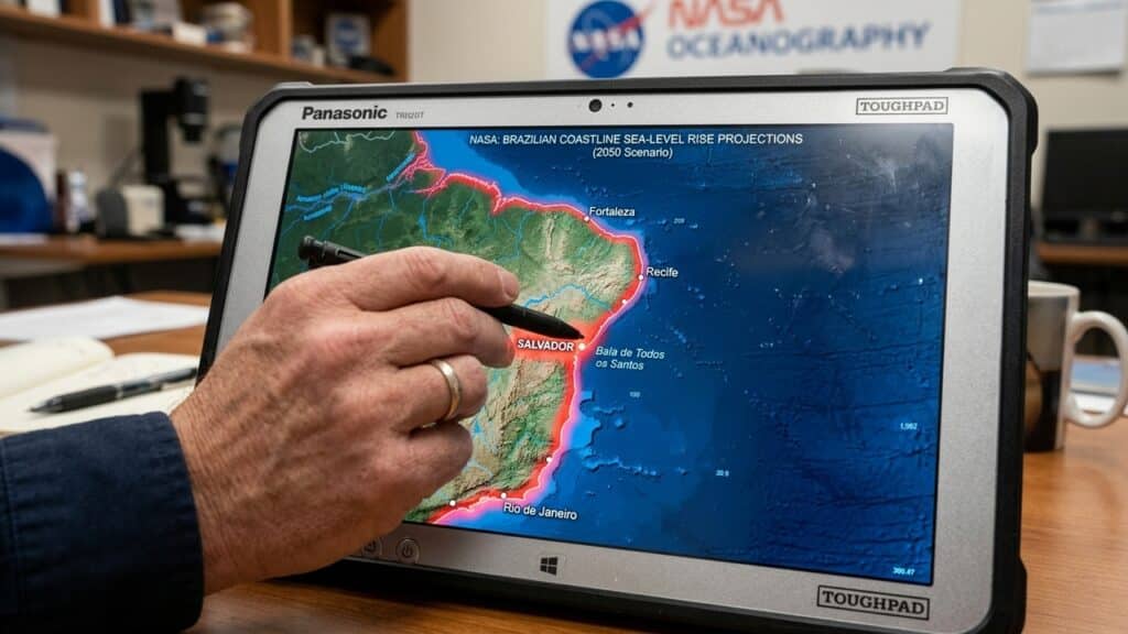 Pessoa aponta para mapa em tablet com projeções de elevação do nível do mar na costa brasileira.