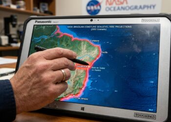 Pessoa aponta para mapa em tablet com projeções de elevação do nível do mar na costa brasileira.