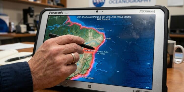 Pessoa aponta para mapa em tablet com projeções de elevação do nível do mar na costa brasileira.
