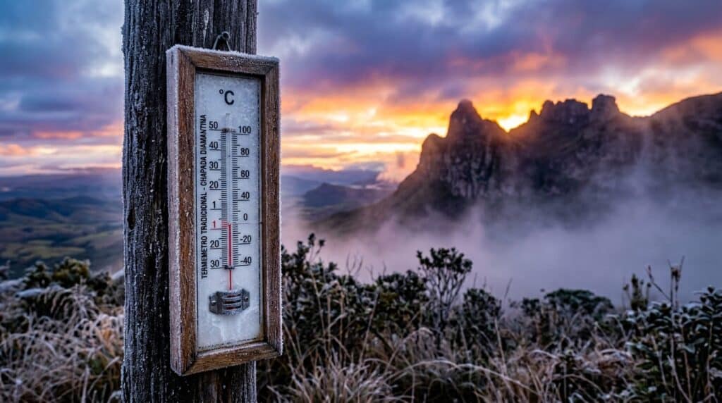Termômetro coberto de geada marca frio intenso em paisagem de montanha, com neblina, vegetação congelada e céu colorido ao amanhecer.