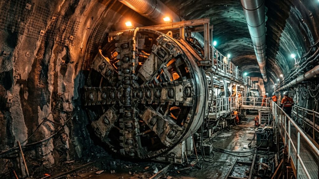 Máquina tuneladora em obra subterrânea de construção de túnel, com trabalhadores e equipamentos no interior da estrutura.