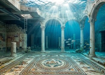 Ruínas antigas submersas com colunas, arcos e mosaico no piso aparecem sob a água, iluminadas por raios de sol e cercadas por peixes.
