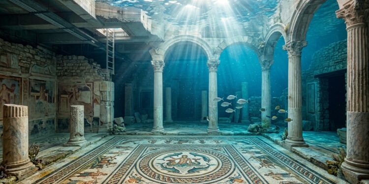 Ruínas antigas submersas com colunas, arcos e mosaico no piso aparecem sob a água, iluminadas por raios de sol e cercadas por peixes.