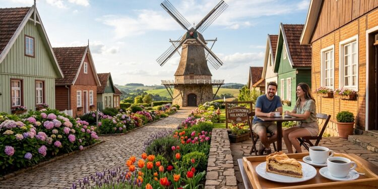 Casal toma café em vila turística com casas coloridas, flores e moinho de vento em cenário de inspiração holandesa.