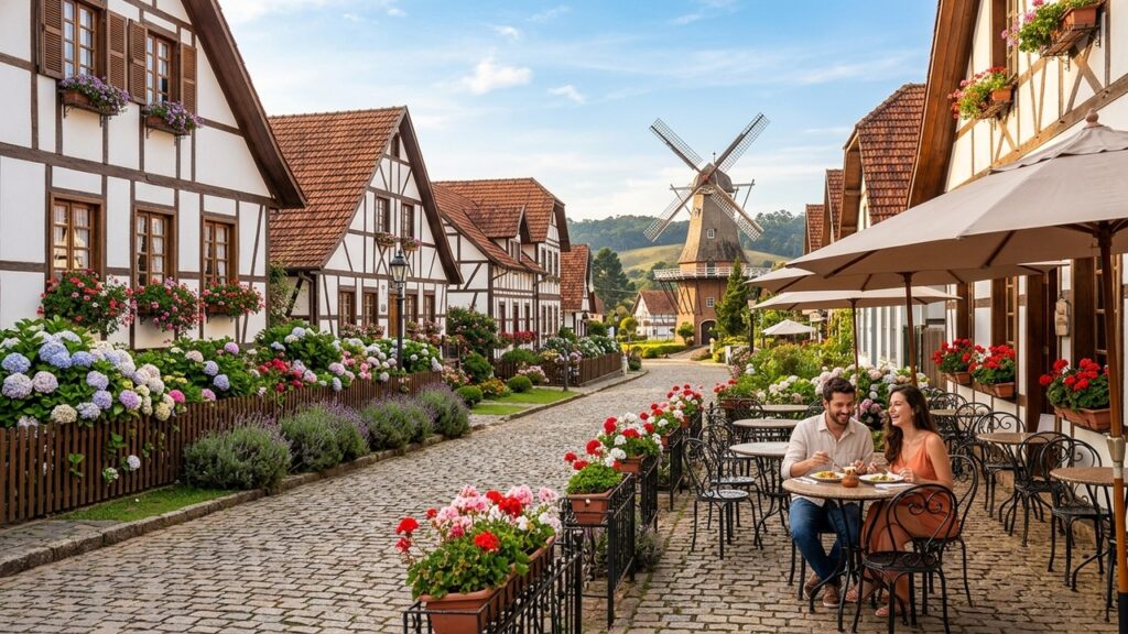 Casal faz refeição em cafeteria ao ar livre em vila turística com casas em estilo enxaimel, flores e moinho ao fundo.