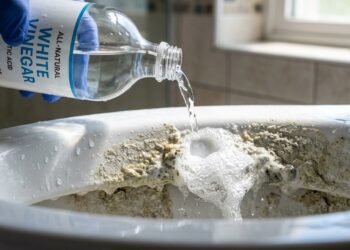 Pessoa com luva azul despeja vinagre branco na borda interna de vaso sanitário com sujeira acumulada, em cena de limpeza doméstica.