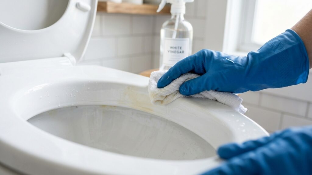 Pessoa com luvas azuis limpa a borda de vaso sanitário branco com pano, com frasco de vinagre branco ao fundo.
