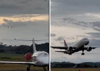 Fortes ventos em Santa Catarina fazem avião 'descer de lado' e piloto arremete pouso