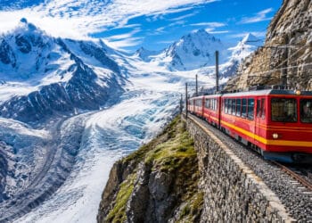 A impressionante ferrovia mais alta da Europa que fica acima de 3.400 metros de altitude, tem 9,3 km de extensão e a viagem de trem faz paradas estratégicas onde os passageiros podem observar mar de gelo