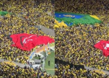 Patrocinador comete erro em campanha com a seleção durante ação no Maracanã ao utilizar bandeira vermelha