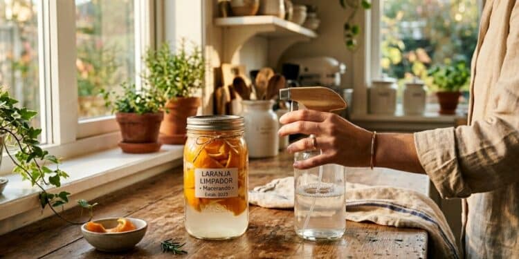 Receita caseira com vinagre e casca de laranja funciona como desengordurante e repelente natural