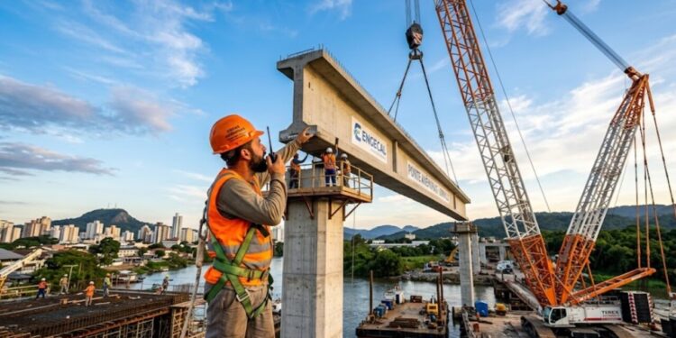 Construção de ponte em Joinville usa guindaste gigante para instalação de vigas em projeto de R$ 27,7 milhões que vai melhorar a mobilidade para mais de 114 mil moradores