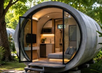 Projeto surpreendente transforma tubos de concreto de 2,5 metros em microapartamentos futuristas de apenas 9,29 m² com direito à sala de estar, cozinha compacta e um banheiro completo