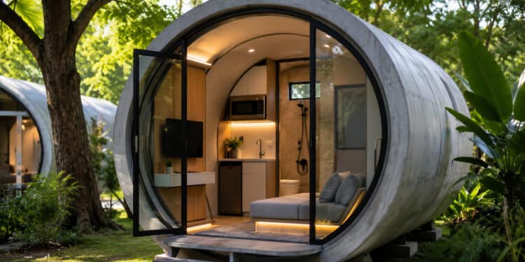 Projeto surpreendente transforma tubos de concreto de 2,5 metros em microapartamentos futuristas de apenas 9,29 m² com direito à sala de estar, cozinha compacta e um banheiro completo