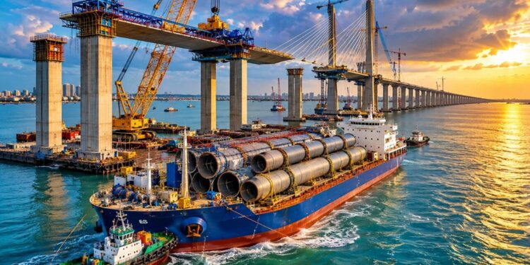 Obras da maior ponte da América Latina avançam com chegada de navio carregado com mais de 800 toneladas de materiais avaliados em R$ 17 milhões