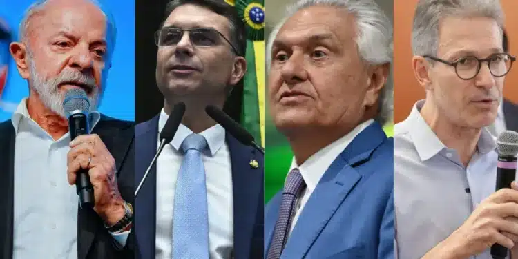 O presidente da República, Luiz Inácio lula da Silva (PT), o senador Flávio Bolsonaro (PL-RJ) e os ex-governadores Ronaldo Caiado (PSD) e Romeu Zema (Novo)  • Arte CNN Brasil