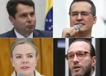 Da esquerda para a direita, em sentido horário, os pré-candidatos ao Senado pelo Paraná: o deputado estadual Alexandre Curi (PSD); o ex-deputado Deltan Dallagnol (Novo); a ex-ministra Gleisi Hoffmann (PT); e o deputado federal Filipe Barros (PL) (Alep/Redes sociais/Agência Brasil/Câmara dos Deputados/Divulgação)