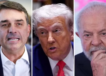 Flávio Bolsonaro, Donald Trump e Lula — Foto: Montagem - Wilton Junior/Estadão Conteúdo; REUTERS/Nathan Howard; REUTERS/Adriano Machado