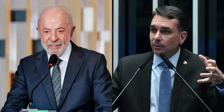 O presidente Luiz Inácio Lula da Silva (PT), à esquerda; o senador Flávio Bolsonaro (PL), à direita • Ricardo Stuckert/PR e Agência Senado