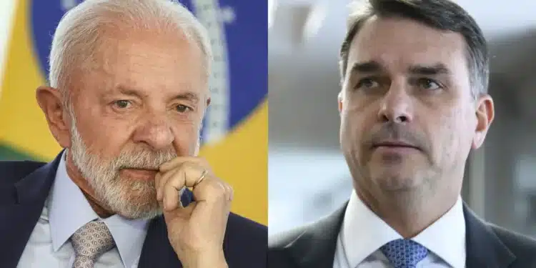 O presidente Lula, à esquerda, e o senador Flávio Bolsonaro, à direita • Reprodução