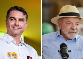 Na pesquisa estimulada para 1º turno no estado, Flávio Bolsonaro tem 42%, contra 34% de Lula
Montagem: Mateus Vitor Fernandes/Reprodução – 02.08.2026; Ricardo Stuckert/PR – 05.08.2026