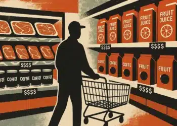Ilustração de uma pessoa no supermercado com preços altos nos produtos  • Ilustração gerada por IA