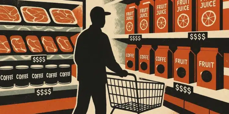 Ilustração de uma pessoa no supermercado com preços altos nos produtos • Ilustração gerada por IA