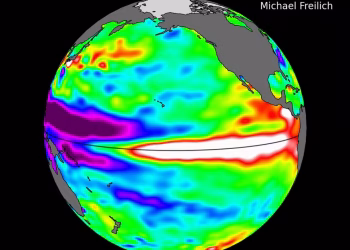 Imagem de 3 de agosto de 2026, feita com dados do satélite Sentinel-6 Michael Freilich, mostra mudanças no nível do Oceano Pacífico associadas ao El Niño. — Foto: Sentinel-6 Michael Freilich/NASA/NOAA