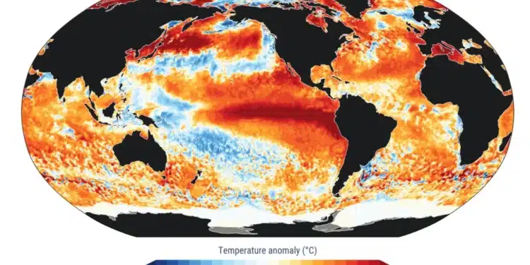 Esta é uma “foto” da anomalia de temperatura da superfície do mar no dia mais quente da história segundo o Copernicus: 22 de agosto de 2026. Créditos: C3S/Copernicus/EMCWF.